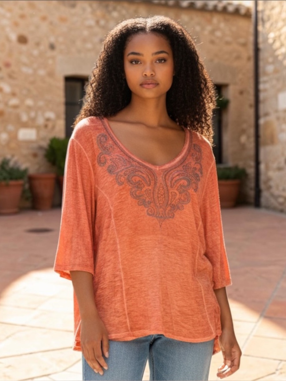 Lucky Women's Embroidered V-Neck Top in Burnt Orange